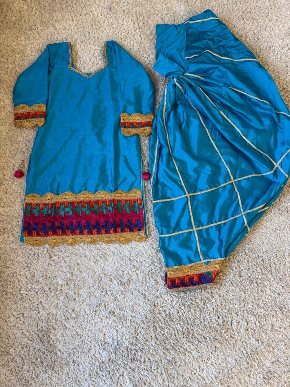 Turquoise Ethnic Tunic Set with Gold Trim